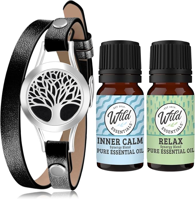 Wild Essentials Black Tree of Life Diffuser Wrap Bracelet Kit – Adjustable 5"–7.5" Leather + 316L Stainless Steel Locket, 12 Color Pads (17mm) – Includes Inner Calm & Relax (2 x 10ml)