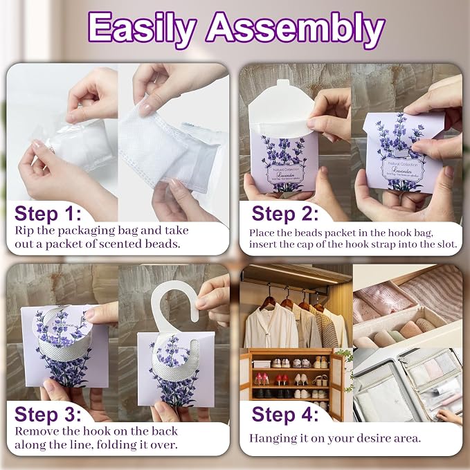 24 Pack Lavender Sachets, Natural Closet Freshener Drawer Sachets Hanging Home Fragrance Long Lasting with 10 Hanging Bags