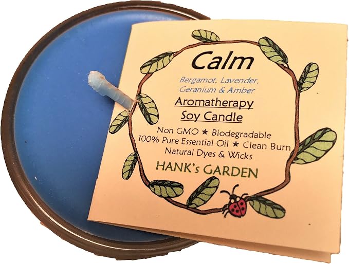 Calm Stress Relief Aromatherapy Soy Wax Candle - Bergamot, Lavender, Geranium, Amber - 100% Pure Essential Oils, Natural Dyes and Wicks, Clean Burn, No Soot, Non GMO (Soy Candle - 3 oz Votive)