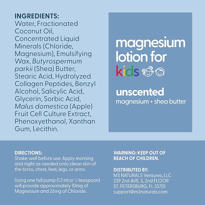 Magnesium Lotion for Kids & Babies with Sensitive Skin | Unscented Formula Soothes Tired Legs, Supports Restful Night’s Sleep, Moisturizes & Hydrates Skin, 8 fl oz (237 mL) by M3