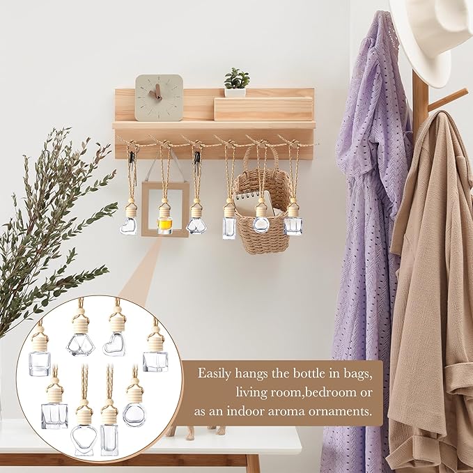 BBTO 120 Pcs Hanging Car Diffuser Bottles Empty Bulk, 8 Styles Empty Glass Air Freshener Bottles with Wooden Cap for Perfume Essential Oils Fragrance Aromatherapy Ornament
