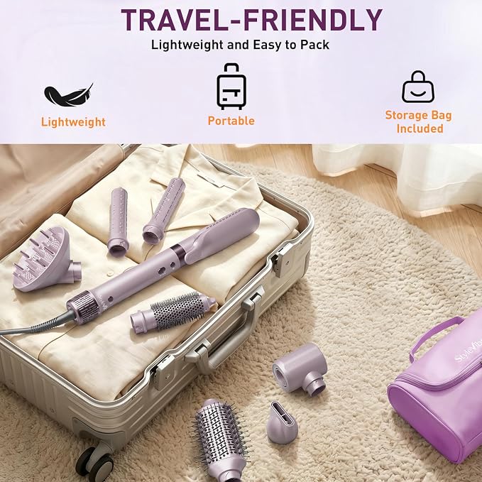 Mythsight StyleVibe Dual Voltage 8-in-1 Air Styler with Diffuser Hair Dryer, Auto Curlers (L/R), Straightener Brush, Travel Adapter & Case for Fast Drying, Frizz-Free Volume & Smooth Blowouts Styles