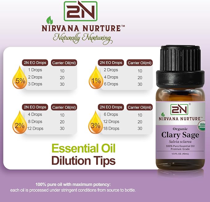 Clary Sage Essential Oil, USDA Certified Organic, 100% Pure Undiluted, Aromatherapy Oil for Diffuser, Hair & Skin Care