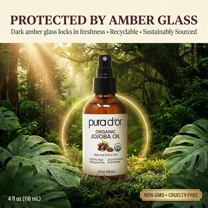 PURA D'OR Organic Jojoba Oil - USDA Certified - 100% Pure & Natural Moisturizer - Cold Pressed, Unrefined, Hexane Free, Skin Care, Hair, Body, Face & Nails, DYI Carrier Oil 4 Oz - Hair Regrowth Tonic