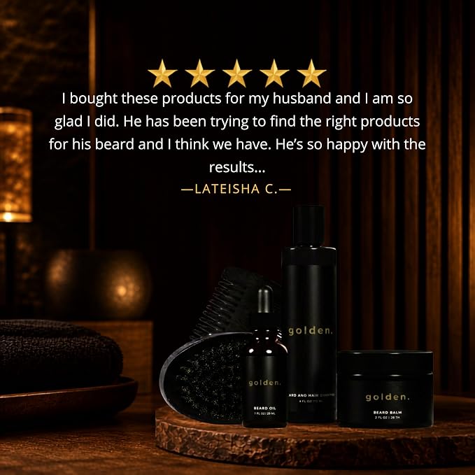 Golden Grooming Co. Beard Care Kit for Men - 5pc Grooming & Growth Set includes Beard Shampoo, Balm, Oil, Wood Comb & Boar Bristle Brush - Men's Self Care Gift Bundle