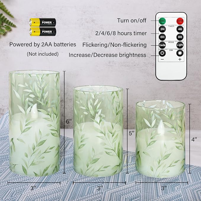 Green Flameless Candles with Remote Control - Willow Leaf Design Battery Operated Candles - Elegant Home Christmas Spring Summer Decor Set of 3