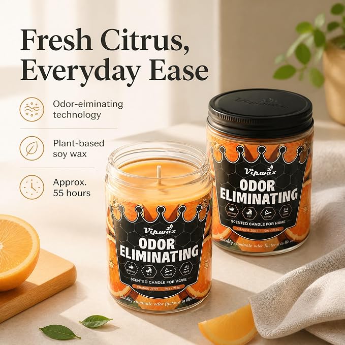 Orange Odor Eliminating Candles for Home Scented, Eliminates 99% of Pet, Smoke, Food and Other Smells Quickly, Highly Fragranced Candle, Premium Soy Candles Set for Women