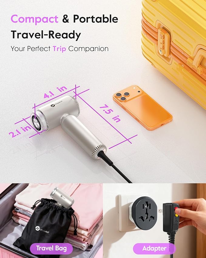 slopehill Dual Voltage Travel Mini Hair Dryer, Lightweight Ionic Blow Dryer, Professional Fast Drying, Compact Portabe Quiet Hairdryer with Magnetic Diffuser for Women, International European 100-240V