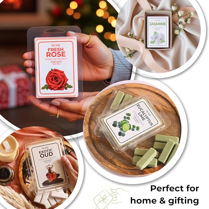TRUMIRI Scented Wax Melts Variety Pack Exotic Oud|Fresh Rose|Eucalyptus Lime|Jasmine - Made with Non Toxic Soy Wax and Essential Oils - Long Lasting Strong Scent Pet Safe Candle Wax Cubes for Warmers