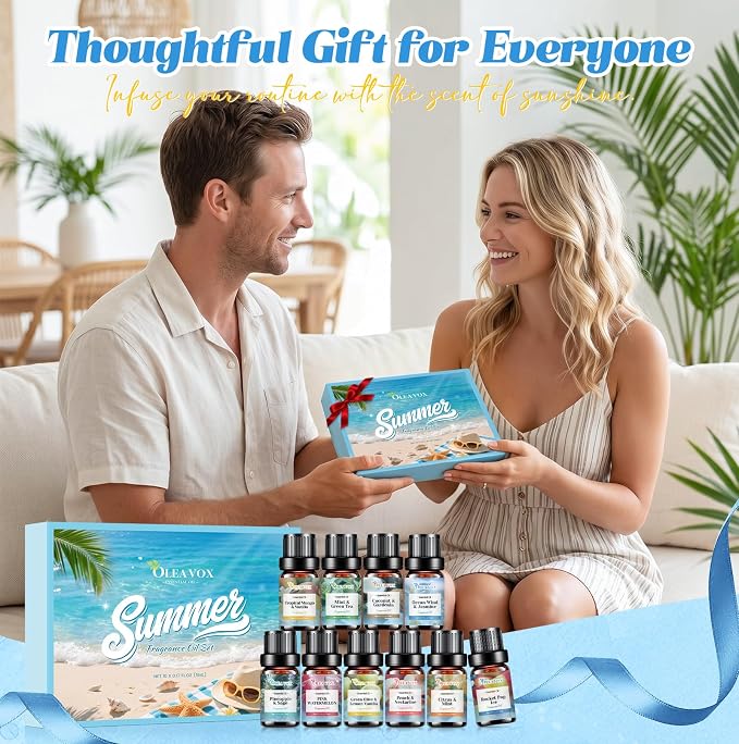 Summer Essential Oils Set, Tropical Fragrance Oils for Diffusers for Home, Scented Oil for Candle & Soap Making, Coconut & Gardenia,Ocean Wind & Jasmine More 10x5ml Aromatherapy Oils Gift for Women