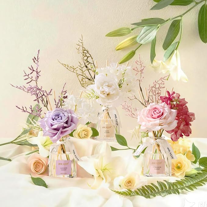 Airkeep Flower Reed Diffuser Set, White Flower Diffuser Gift Set,4.06 fl oz Essential Oil Sticks Diffusers for Bathroom Air Freshener, Aromatherapy Home Fragrance for Shelf Decor,Gift for Women Mom