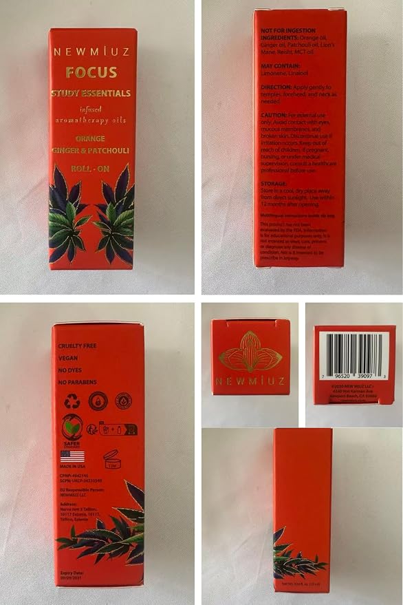 Focus Roll On Essential Oil Concentration Memory Attention Orange Ginger Patchouli Functional Aromatherapy Stick Self Care Study Gift Stocking Stuffer