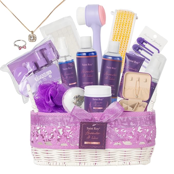25Pcs Lavender Bath and Body Gift Basket, Hydrating Skin Care Kit, Spa Kit | Self-Care Set, Home Spa Basket set, Beauty Care Kit w/ Necklace, Birthday, Christmas, Mother Day, Anniversary, Bridal Shower