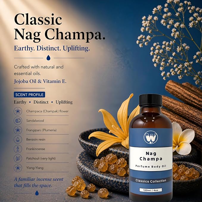 WagsMarket - Nag Champa Perfume Oil, from 0.33oz Roll On to 4oz Glass Bottle (4oz Glass Bottle)