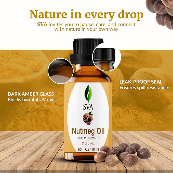 SVA Nutmeg Essential Oil – 1/3 Fl Oz – 100% Natural Nutmeg Oil - for Diffuser, Hair Care, Face, Skin Care, Aromatherapy, Scalp and Body Massage, Soap and Candle Making