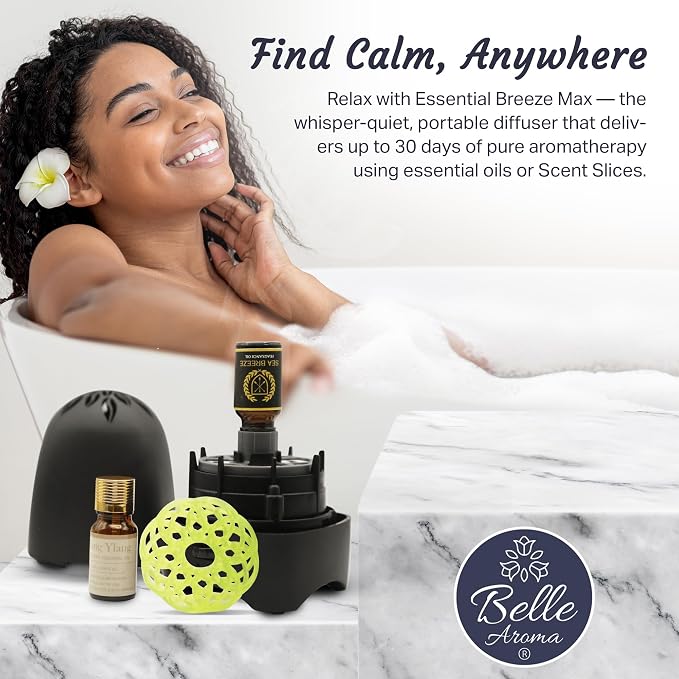 Belle Aroma Essential Breeze Max Aromatherapy Fan – Upgraded Dry Diffuser for Essential Oils or EVA Inserts – Battery or USB Powered – 30-Day Scent – No Water – for Desk, Travel, or Car - Slate