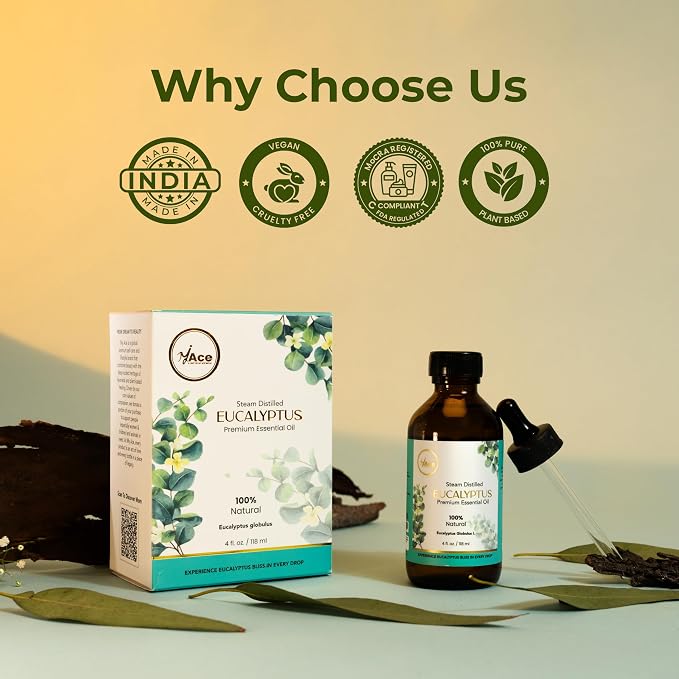 My ACE Eucalyptus Essential Oil 4 Fl Oz - Pure & Natural - Premium Grade for Aromatherapy, Diffuser, Skin, Hair, Massage, Candle & Soap Making, Home - Glass Bottle with Dropper - Long Lasting Scent