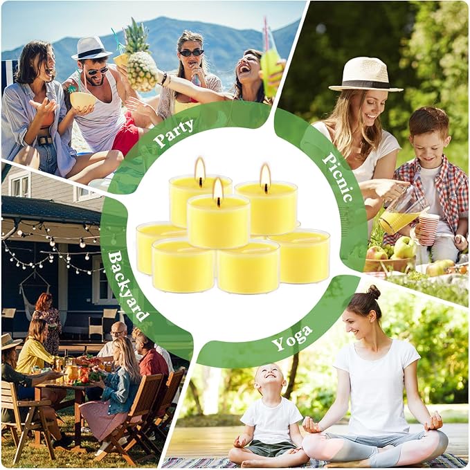 50 Pack Clear Tea Lights Candles Bulk, Summer Citronella Candle Outdoor and Indoor, for Birthday Emergency Home Garden(8 Hour, Yellow)