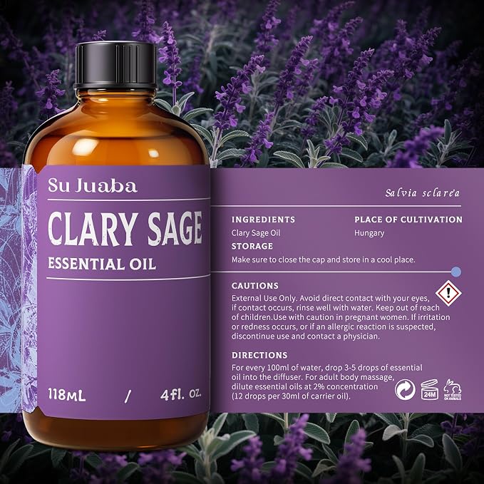 SU JUABA Clary Sage Oil Essential Oil 4 Fl Oz, for Anxiety Relief, Skin, Hair,Diffuser, Aromatherapy -118ml