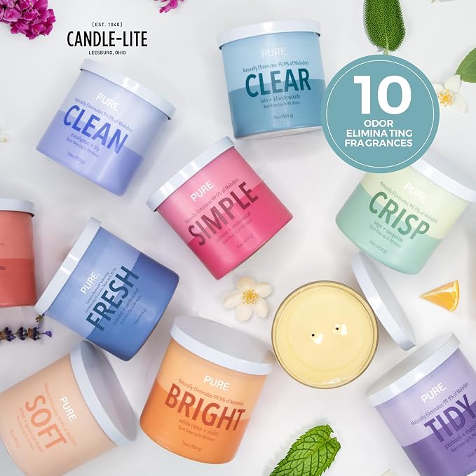Candle-Lite Pure Rain & Blonde Woods Odor Eliminating Scented Candles, Neofresh Technology Eliminates 99.9% of Odors, 16 oz 2-Wick Jar, Proudly Poured in The USA, Up to 60 Hours Burn Time