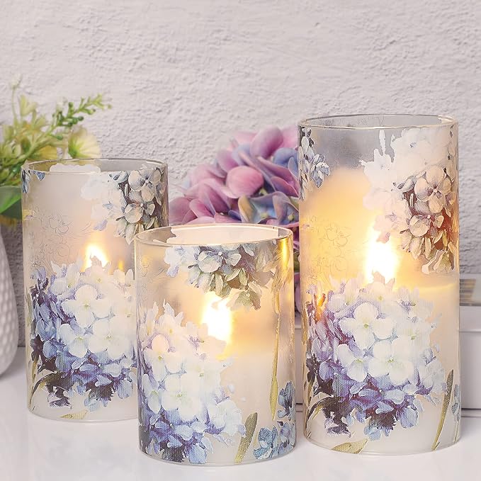 Hydrangea Flameless Candles with Remote Blinks Glass Real Wax LED Candles - Home Party Wedding Romantic Love Theme Summer Holiday Decor - Set of 3