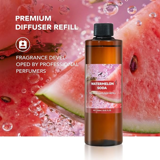 Diffuser Oil Refill, 250ml / 8.45 fl oz, Watermelon SODA - Reed Diffuser Oil Refill for Home Fragrance, Scented Oil for Reed Diffuser Bottles, Watermelon, Rose & Eucalyptus Notes