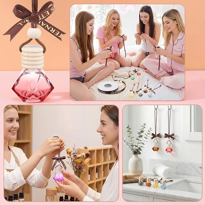 Mudder 50 Pcs Gradient Hanging Car Air Freshener Car Diffuser Bottle Pendant Empty Glass Perfume Bottle for Essential Oil Fragrance Aromatherapy Ornament Wedding Employee Gifts(Rhombus,Colorful)