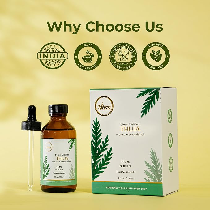 My ACE Thuja Essential Oil 4 Fl Oz - 100% Pure & Natural - Premium Grade for Aromatherapy, Diffuser, Skin, Hair, Massage, Candle & Soap Making, Home - Glass Bottle with Dropper - Long Lasting Scent