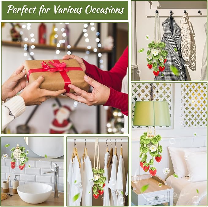 Crochet Car Air Freshener, 15ml Empty Refillable Oil Diffuser Bottle with Hanging Crochet Strawberry Plant for Car Rearview Mirror Air Freshener Diffuser for Home, and Office Decor