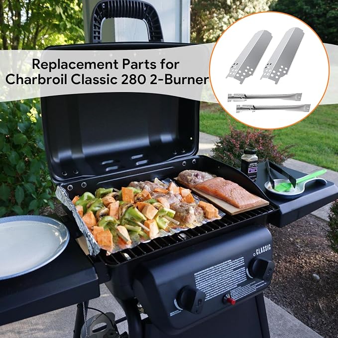 Stainless Steel Repair Kit for Charbroil Classic 280 2-Burner 463647018 463613717 463672717 463672817 G215-0203-W G320-0200-W1, Grill Burner and Heat Plates for American Gourmet 2-Burner 465635821