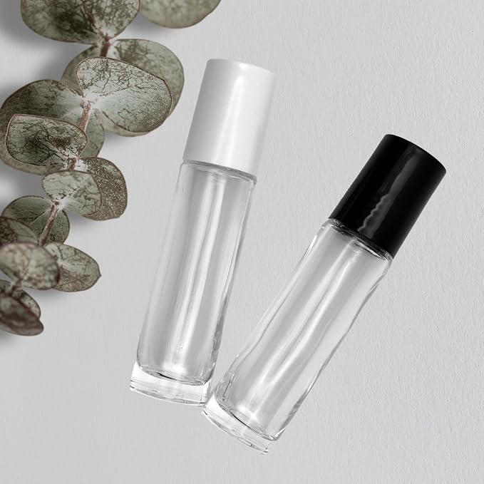 DMSOSTORE 12 Glass Roll-on Bottle 10ML - Convenient Refillable Design, Durable Plastic Cap, Smooth Roller for Essential Oils, Perfumes, and Aromatherapy