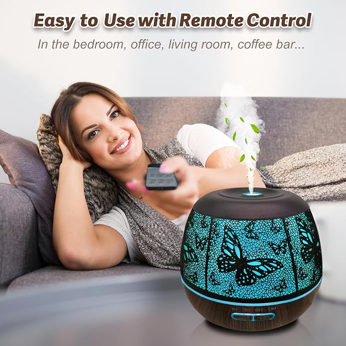 Roonbo Diffusers for Essential Oils Large Room 400ml,Essential Oil Diffuser for Home with R/C,Cool Mist Humidifiers for Bedroom,7 Colors Changed & 3 Mist Mode Waterless Auto Off for Decor Butterfly