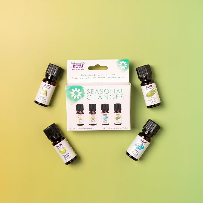 NOW Essential Oils, Seasonal Changes Balancing Aromatherapy Kit, 4x10ml Including Tea Tree, Eucalyptus Radiata, Clear the Air and Nature’s Shield Oil Blend With Child Resistant Caps