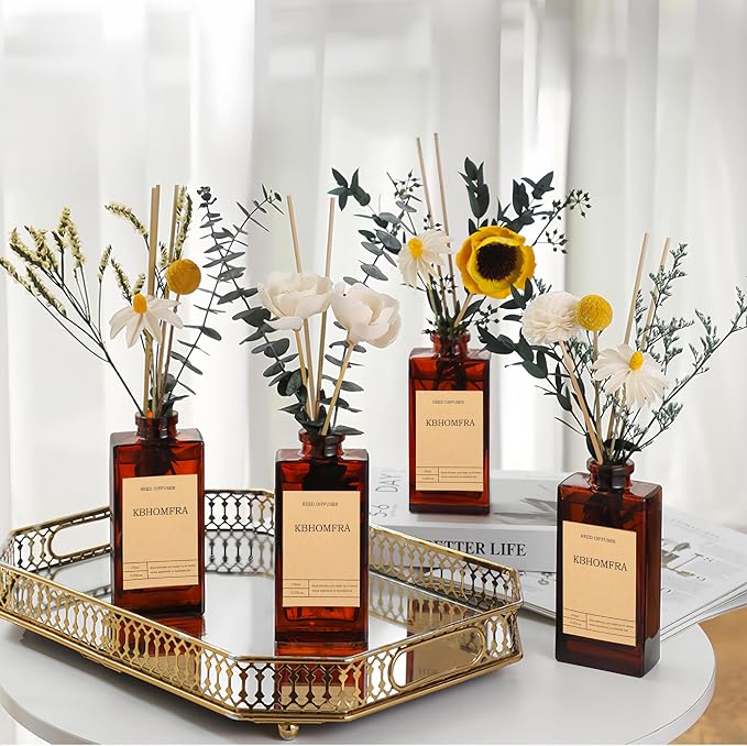 Reed Diffuser Set with Flower, 5.07oz Gardenia Jasmine Tea Diffuser Stick Scent of Fragrance Essential Oil,for Bathroom Diffuser Home Bedroom Office Décor