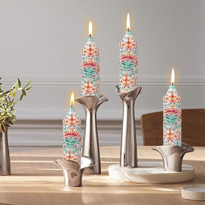 5 inch Short Candle Floral Candle Sticks Printed Candlestick Handmade Unscented Taper Candle 4 Pack Retro Flower Tapered Candles for Home Dinner Wedding Holiday