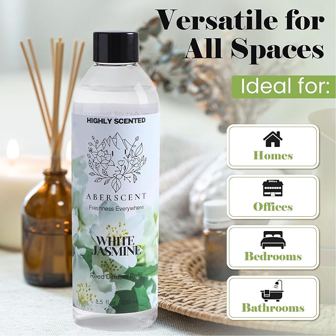 White Jasmine Aberscent Premium Reed Diffuser Oil Refill (8.5 Fl Oz/250ml) – Long-Lasting Fragrance Oil for Home, Office & Spa – Relaxing Scent, Luxury Hotel-Style Aroma