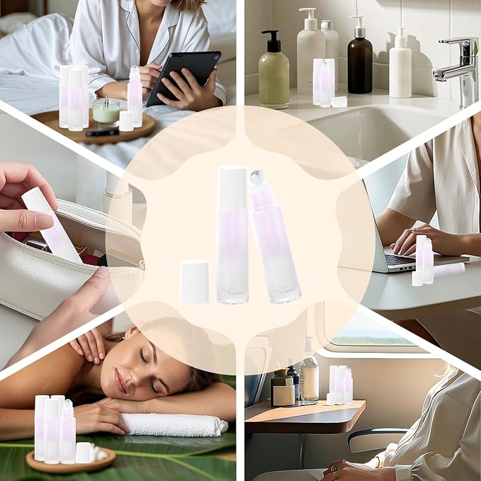 SESENSE Essential Oil Roller Bottles, 10ml Thick Glass Perfume Roller Bottles with Funnel Opener and Dropper Colored Glass Empty Bottles with Stainless Steel Roller Balls (White, 12 Pack)