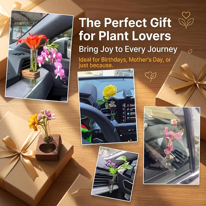 Car Vent Clip Bud Vase, Car Air Vent Propagation Vase Diffuser, Glass Tube Plants Ornamental Decoration, Universal for Horizontal, Vertical, Angled Outlets (Square Walnut)