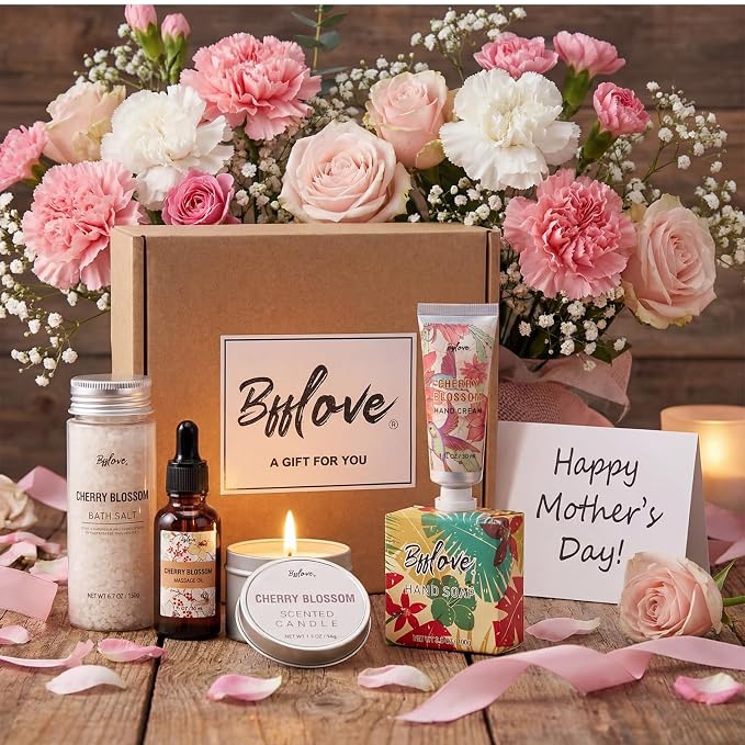 BFFLOVE Gift Set for Women - 5pcs Cherry Blossom Spa Gifts for Women, Birthday, Anniversary, Mother's Day Gifts for Her with Massage Oil, Scented Candle, Bath Salts, Hand Cream