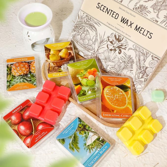STRN Wax Melts, Soy Wax Cubes 6 Scents Cucumber Melon, Coconut Beach, Pear Blossom, Energizing Citrus, Summer Scented Long-Lasting Home Fragrance for Wax Warmers, Yoga, 1.25 OZ * 6 Packs