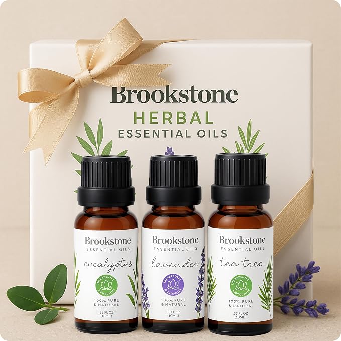 Brookstone Essential Oil Herbal Collection – 100% Pure Steam Distilled Therapeutic Grade Essential Oil Set for Aromatherapy Diffuser & Topical Use, Eucalyptus, Lavender, Tea Tree | 3-Pack 10ml Bottles