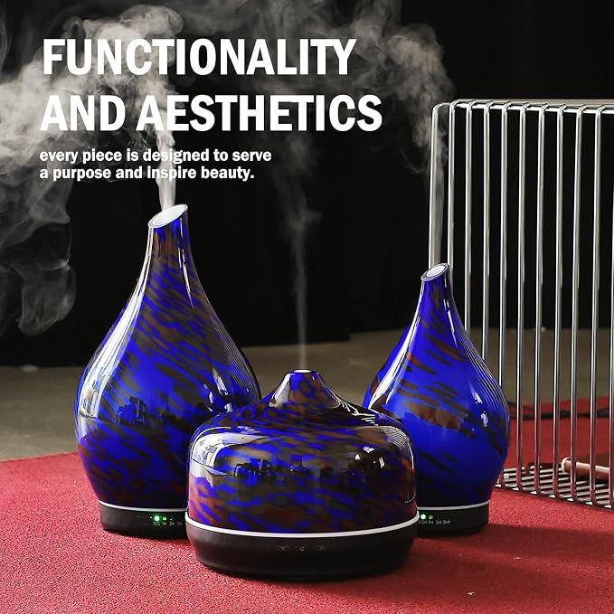 Porseme 500ml Glass Essential Oil Diffuser Aromatherapy Ultrasonic Cool Mist Humidifier 15-21 Running Hours Waterless Auto-Off Air Diffusers for Sleeping Yoga Working Spa(Cobalt Blue)