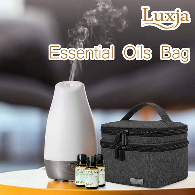 LUXJA Essential Oils Bag - Holds 20 Bottles (5ml-30ml, Also Fits for Roller Bottles), Double-Layer Organizer for Essential Oil and Accessories, Black