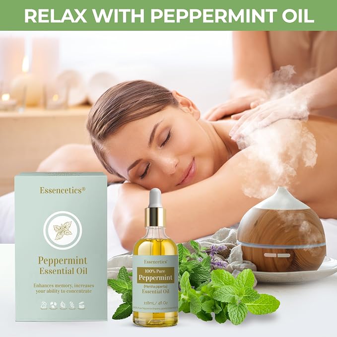 Peppermint Essential Oil 4 oz - 100% Natural- Infused with Olive & Sunflower Oils - Organic Peppermint Oil for Diffuser, Skin, Face & Hair Care
