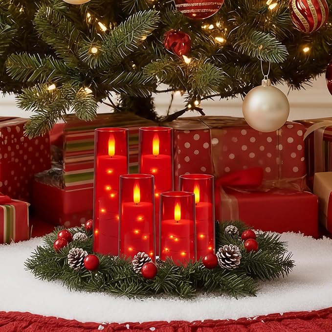 Raycare Flameless Candle with Remote Timer – 5 Flickering Acrylic Battery Operated LED Pillar Candles with Embedded Star String for Halloween, Home Decor, and as a Gift(Red)