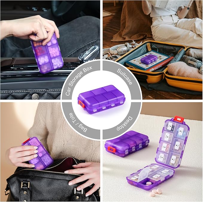 14 GRIDS Travel Pill Organizer Box with Labels - Travel Medicine Case Kit - Pocket Daily Pharmacy Container - Travel Medication Holder Dispenser for Fish Oil Vitamin Supplement Storage - Clear Purple