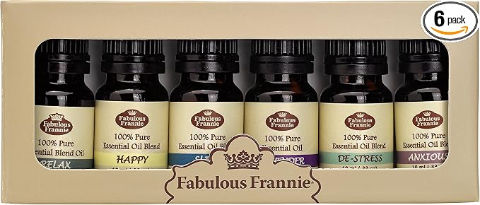 Fabulous Frannie Unwind Pure Essential Oil Set Happy, Anxious, Relax, De-Stress, Sleep Blends and Lavender .33oz (Pack of 6)