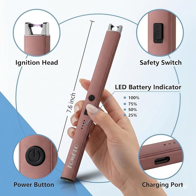 TOMOLO Electric Candle Lighter 2 Pack, Windproof Flameless Rechargeable Lighter with Safety Switch for Candle, Kitchen, Grill, Camping, Gift (Rose Gold)