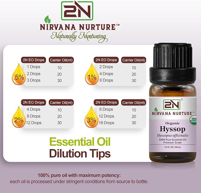 Hyssop Essential Oil, USDA Certified Organic, 100% Pure Undiluted, Aromatherapy Oil for Diffuser, Hair & Skin Care