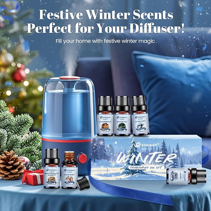 Essential Oils Winter Set,Premium Fragrance Essential Oils Gift Set for Diffuser, Soap & Candle Making Scents - Gingerbread,Warm Woollen Blanket, Balsam Fir, Snow Walk, Sleigh Ride
